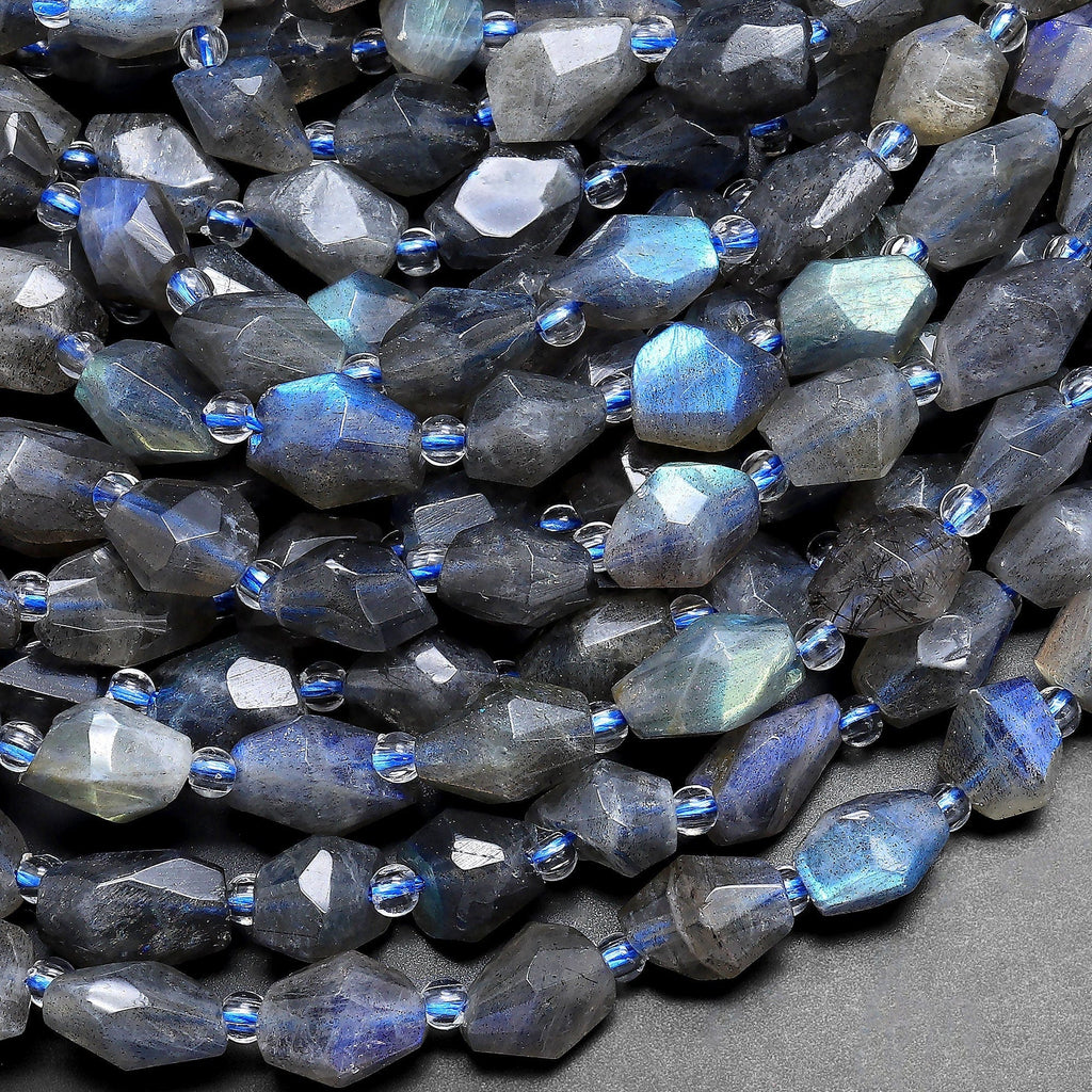 Flashy Natural Labradorite Faceted Nuggets Freeform Beads 15.5" Strand