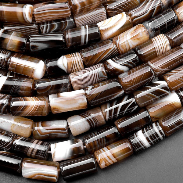 Natural Tibetan Agate Beads Smooth Tube Cylinder Amazing Veins Bands Stripes Brown Black White Agate 15.5" Strand