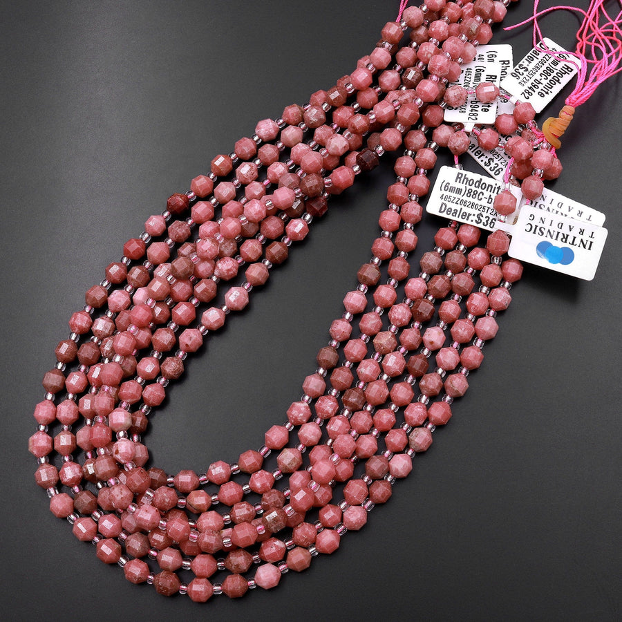 Natural Red Pink Thulite 6mm Beads Faceted Energy Prism Double Point Cut 15.5" Strand