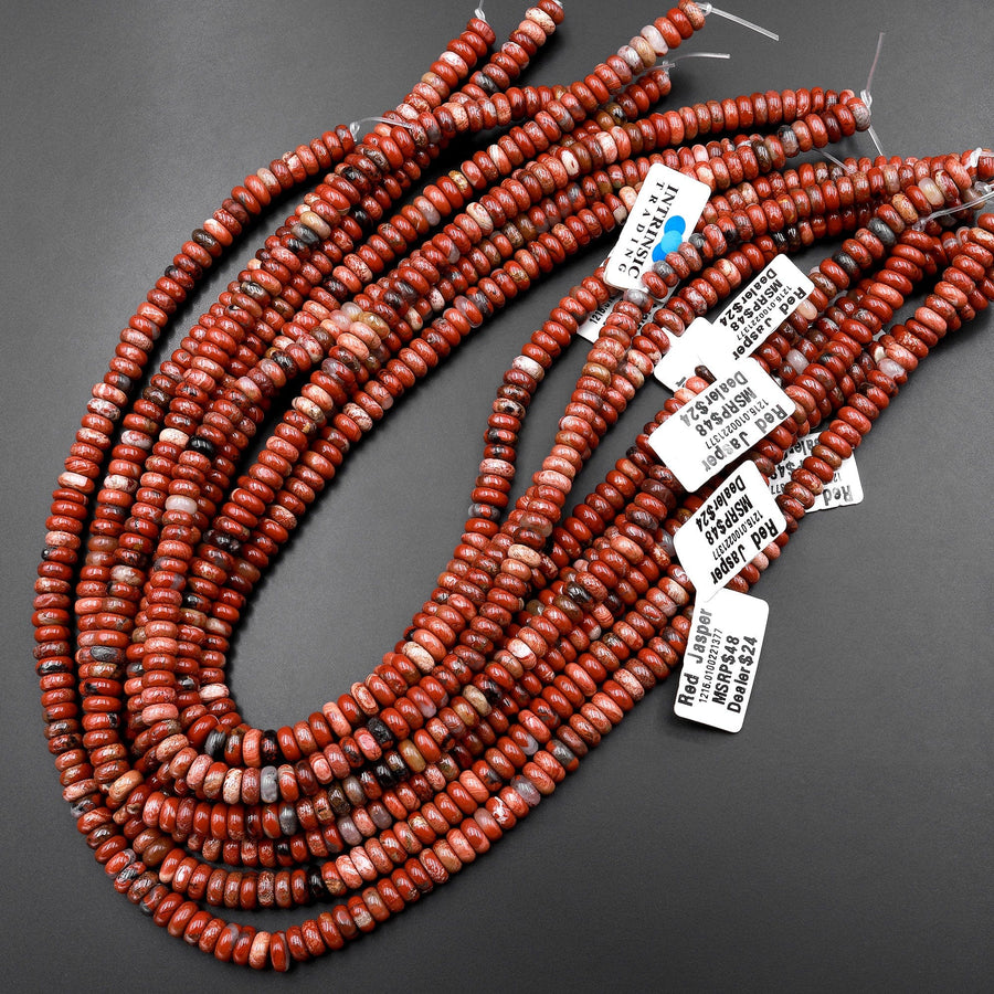 Natural Red Brecciated Jasper 6x4mm Smooth Rondelle Beads Aka Poppy Jasper 15.5" Strand