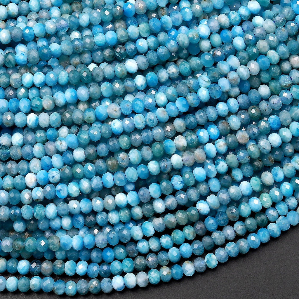 Small Faceted Natural Blue Apatite 2mm Rondelle Beads Micro Cut Gemstone 15.5" Strand