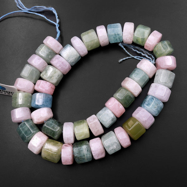 Natural Blue Green Aquamarine Pink Morganite Faceted Hexagon Rondelle Beads Short Cylinder Wheel 15.5" Strand