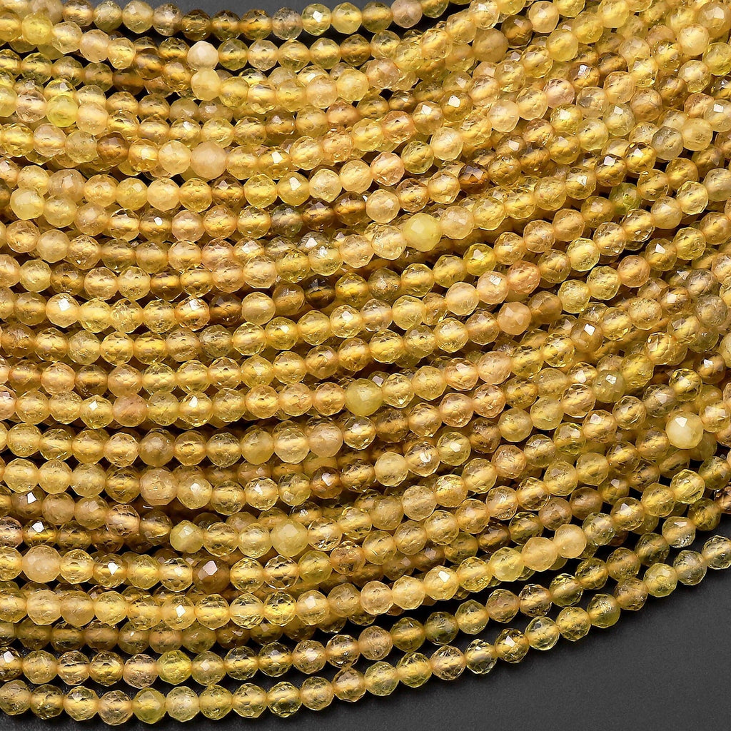 Rare Faceted Natural Golden Yellow Apatite 2mm 3mm Round Beads 15.5" Strand