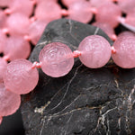 Large 2mm Hole Natural Rose Quartz 18mm Round Beads Hand Carved Decorative Gemstone Ancient Longevity Symbol 8" Strand