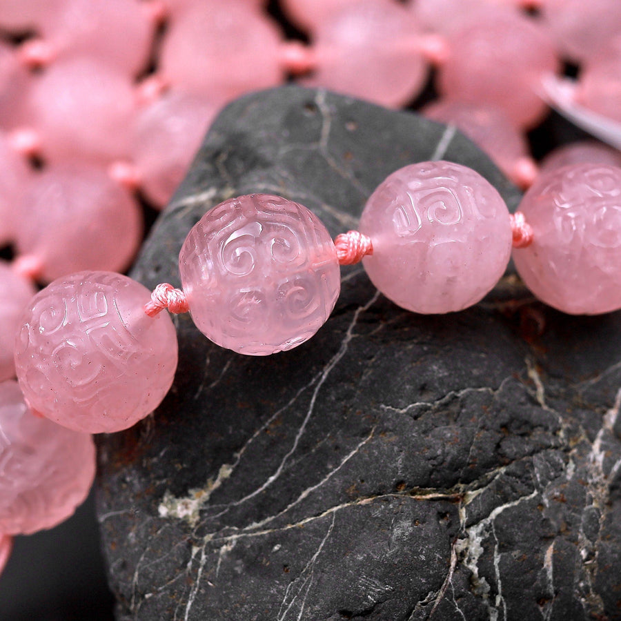 Large 2mm Hole Natural Rose Quartz 18mm Round Beads Hand Carved Decorative Gemstone Ancient Longevity Symbol 8" Strand