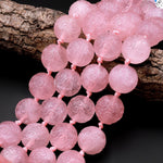 Large 2mm Hole Natural Rose Quartz 18mm Round Beads Hand Carved Decorative Gemstone Ancient Longevity Symbol 8" Strand