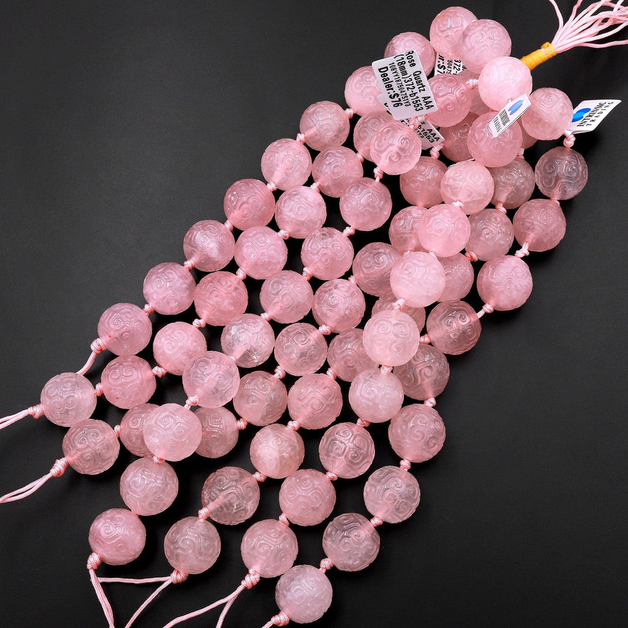 Large 2mm Hole Natural Rose Quartz 18mm Round Beads Hand Carved Decorative Gemstone Ancient Longevity Symbol 8" Strand