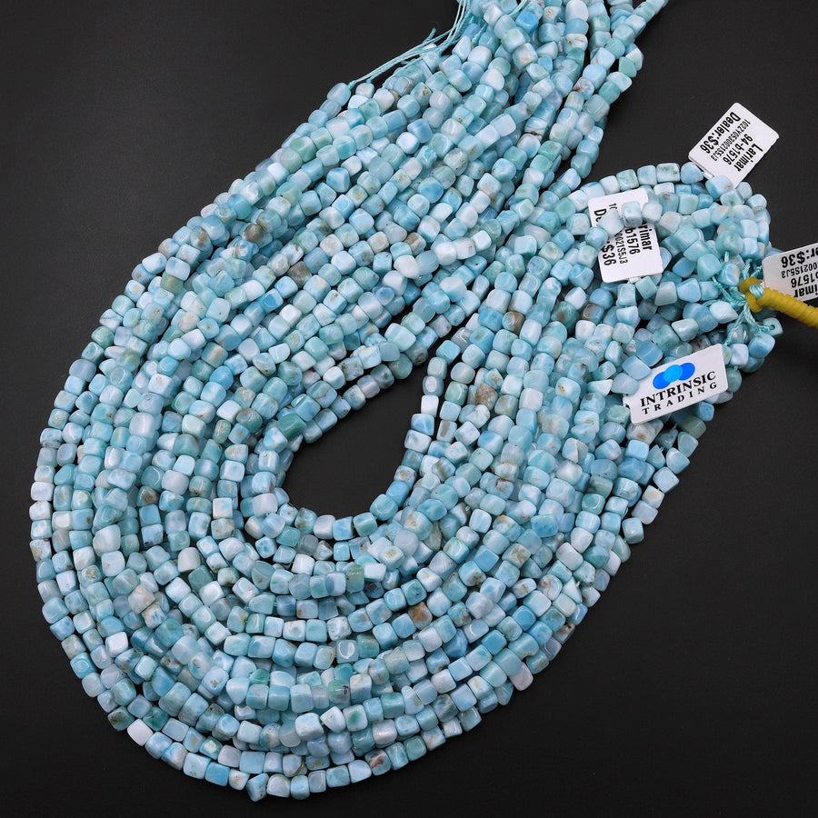 Natural Blue Larimar Beads Freeform Cube Nuggets Real Larimar Stone 15.5" Strand