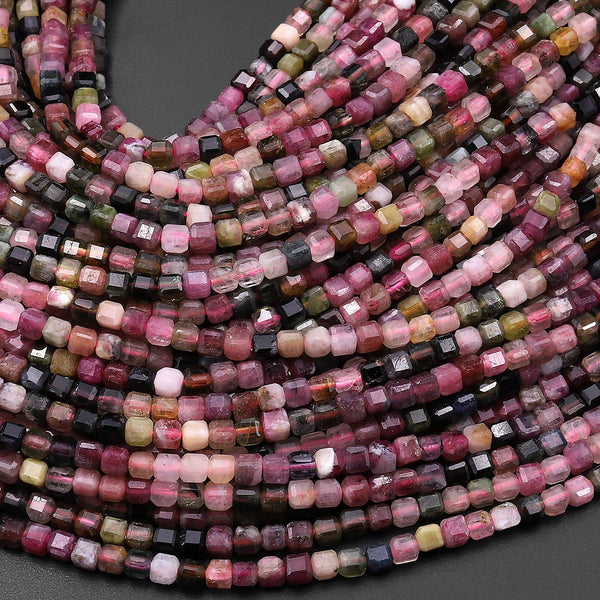Natural Multicolor Pink Green Tourmaline Faceted 2mm Cube Square Beads Gemstone 15.5" Strand