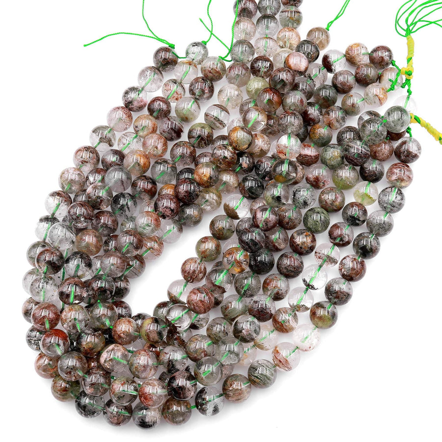 Rare Natural Green Brown Amphibole Phantom Thousand Layer Quartz 12mm 14mm Round Beads 15" Strand