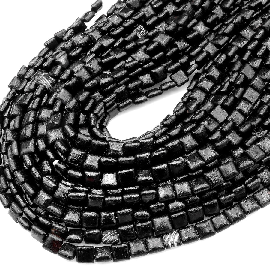 Matte Natural Black Agate 8mm Square Beads 15" Strand