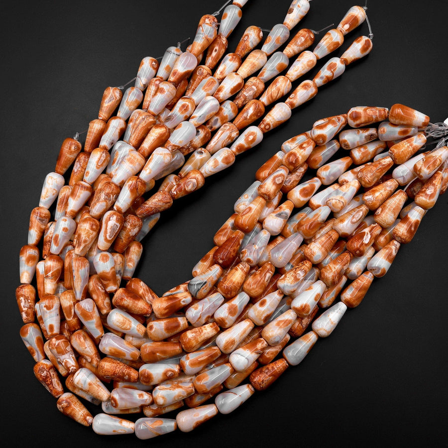 Tibetan Golden Brown Agate Teardrop Beads Dzi Spotty Pattern Antique Boho Beads 15" Strand