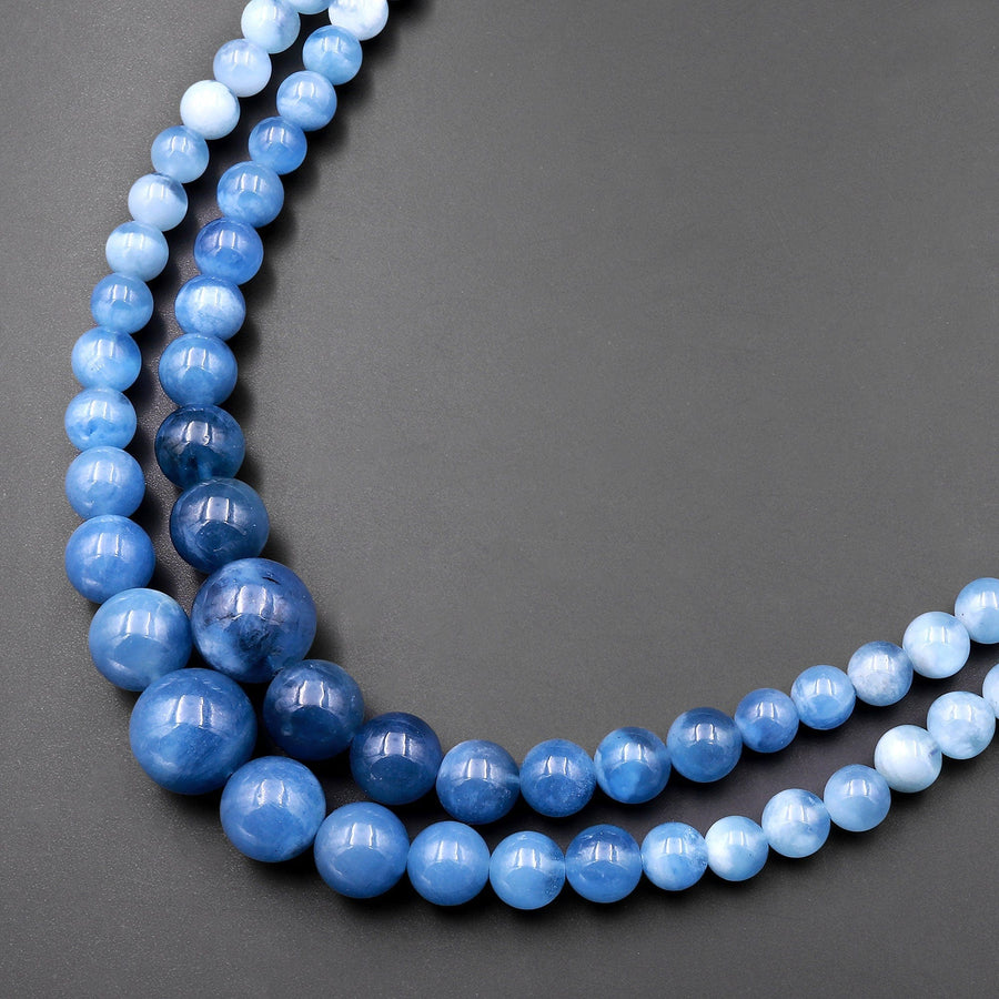 Graduated Natural Blue Aquamarine Smooth Round Beads 23" Long Finished Necklace Strand