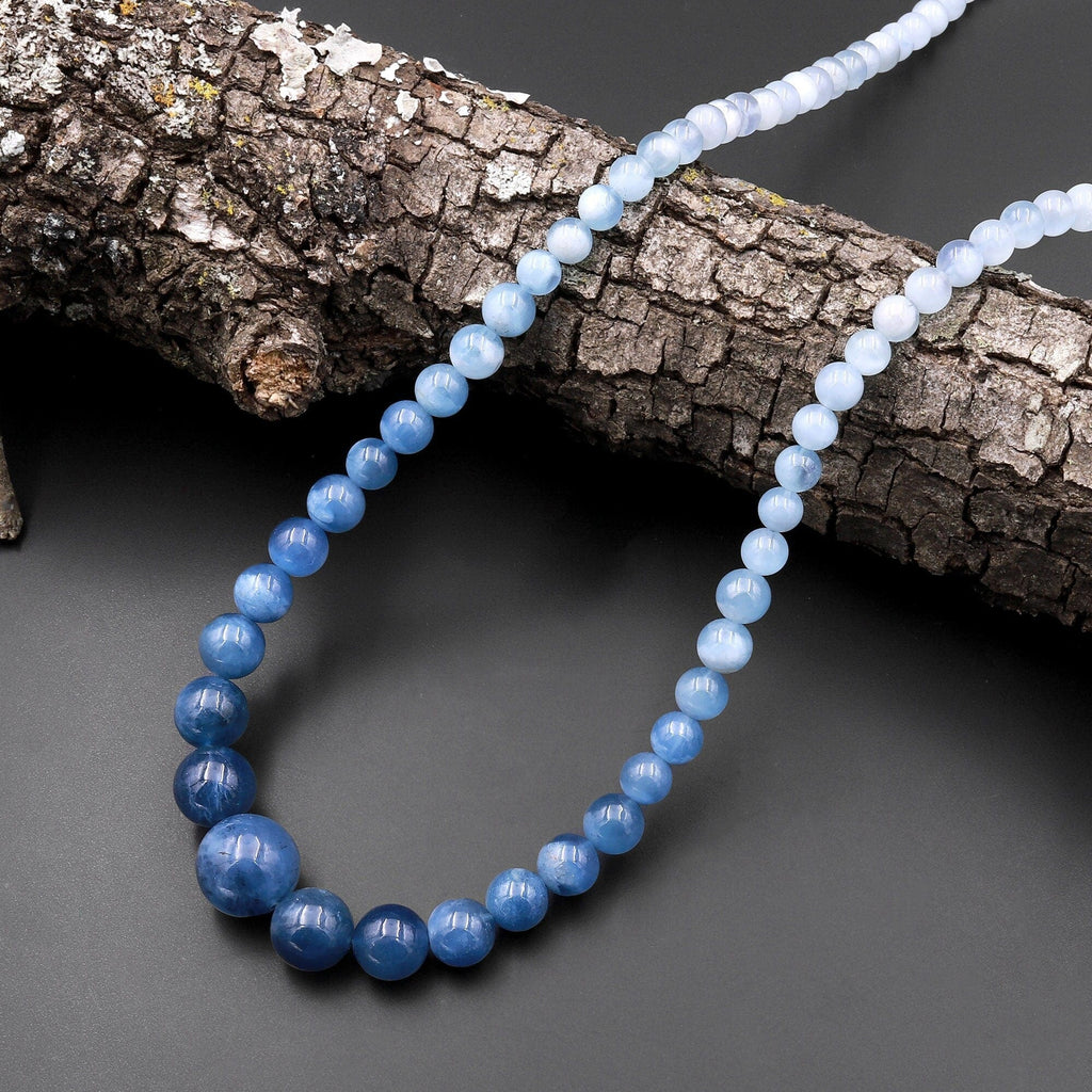 Graduated Natural Blue Aquamarine Smooth Round Beads 23" Long Finished Necklace Strand