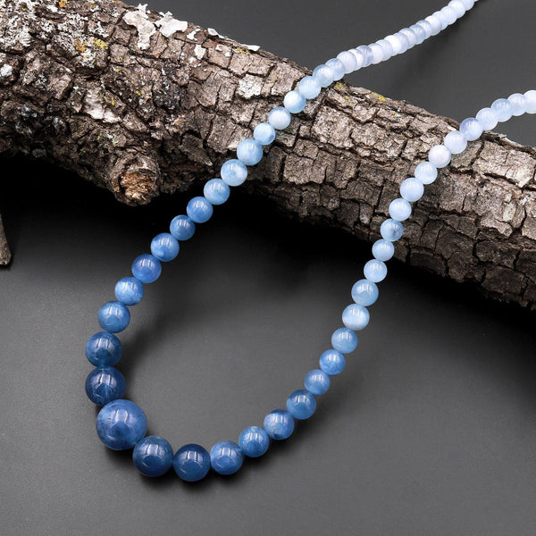 Graduated Natural Blue Aquamarine Smooth Round Beads 23" Long Finished Necklace Strand
