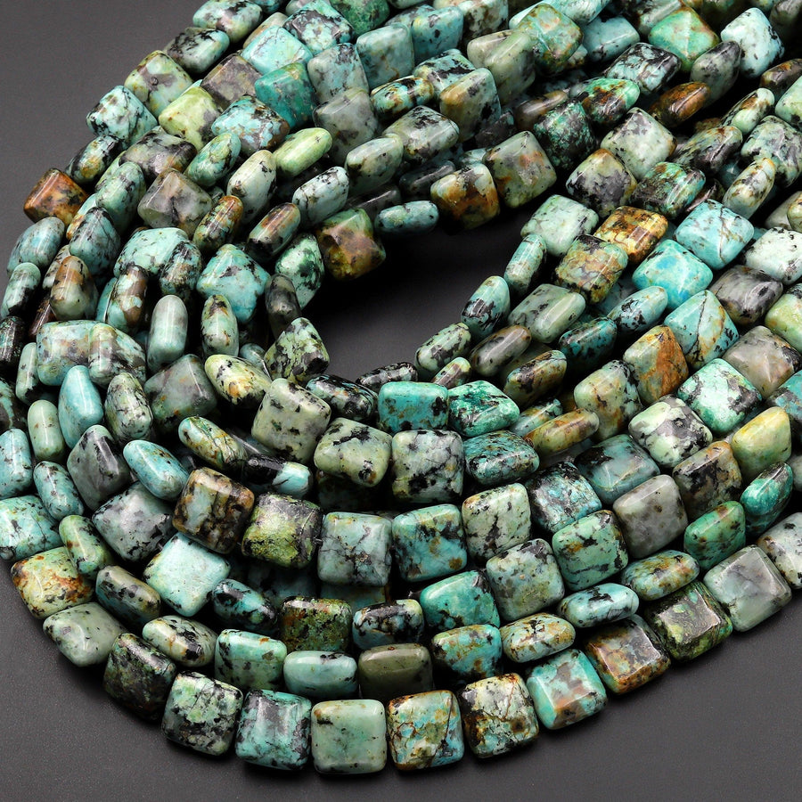Natural African Turquoise 10mm Square Beads Vibrant Blue Green Turquoise Untreated Gemstone 15.5" Strand