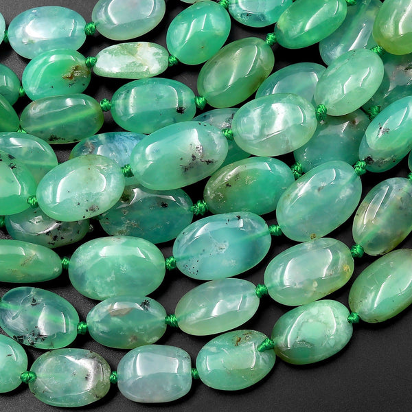 Natural Australian Green Chrysoprase Smooth Oval Nugget Beads 15.5" Strand
