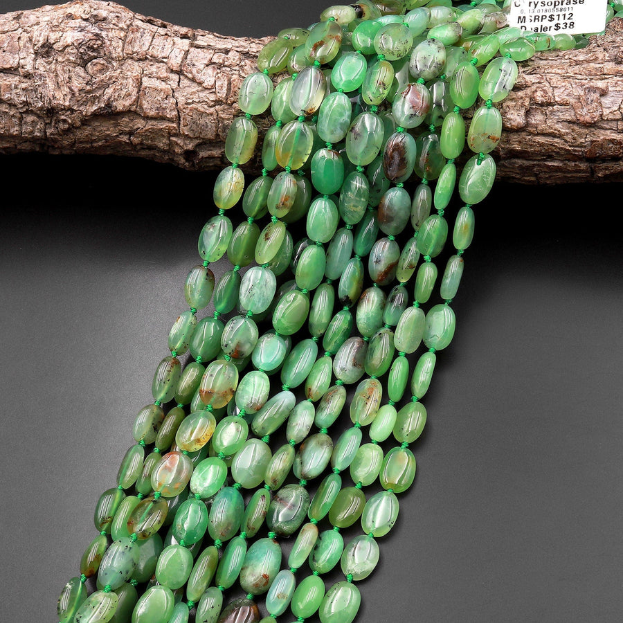 Natural Australian Green Chrysoprase Smooth Oval Nugget Beads Black Dendritic Matrix 15.5" Strand