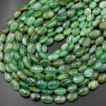 Natural Australian Green Chrysoprase Smooth Oval Nugget Beads Black Dendritic Matrix 15.5" Strand
