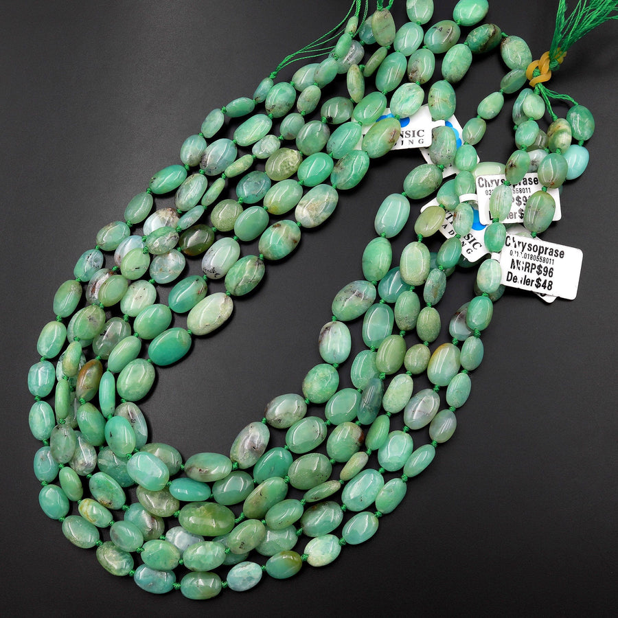 Natural Australian Green Chrysoprase Smooth Oval Nugget Beads Gemstone 15.5" Strand
