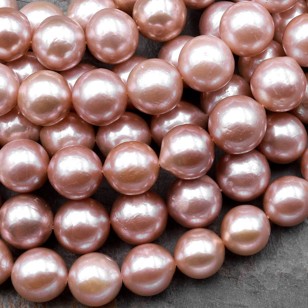 AAA Large Genuine Mauve Pink Edison Freshwater Pearl 12mm Round Iridescent High Luster Pearl 15.5" Strand