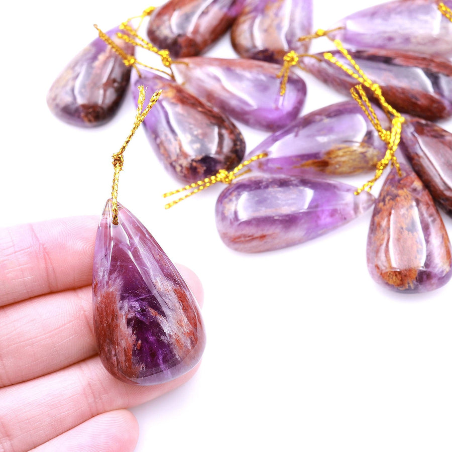 Super 7 Crystal Element Natural Phantom Amethyst Cacoxenite Teardrop Drilled Focal Bead Pendant