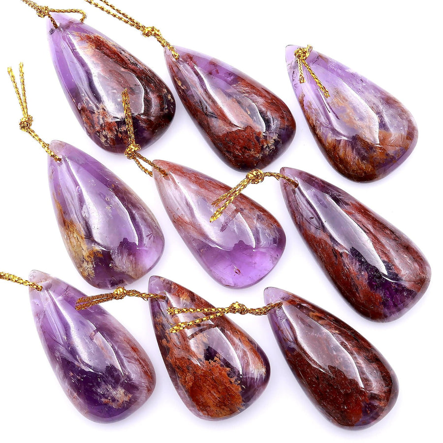 Super 7 Crystal Element Natural Phantom Amethyst Cacoxenite Teardrop Drilled Focal Bead Pendant