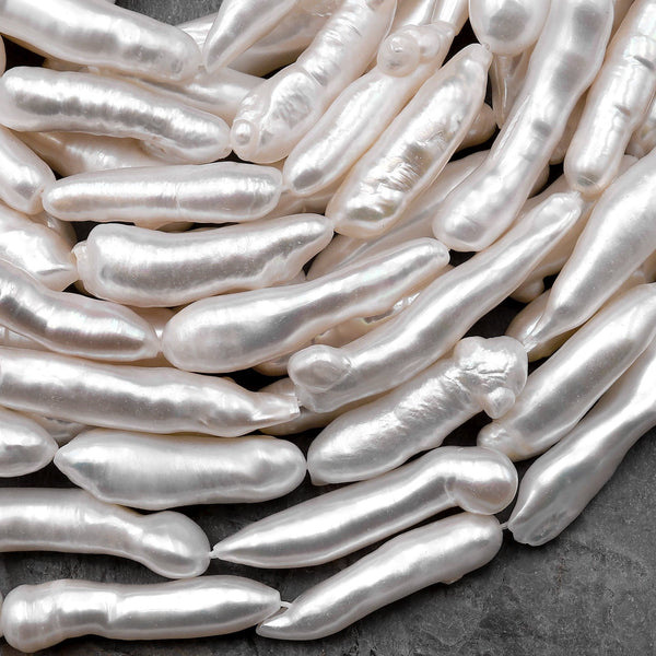 Thick Long Natural White Biwa Stick Pearl Freshwater 16" Strand