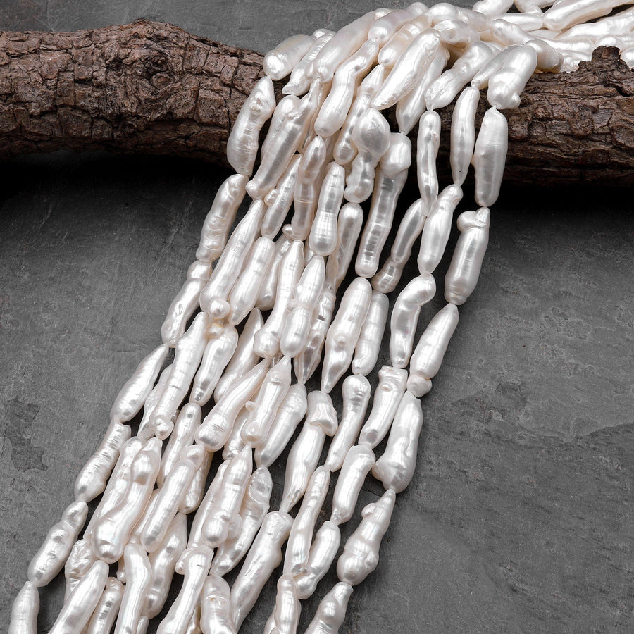 Thick Long Natural White Biwa Stick Pearl Freshwater 16" Strand