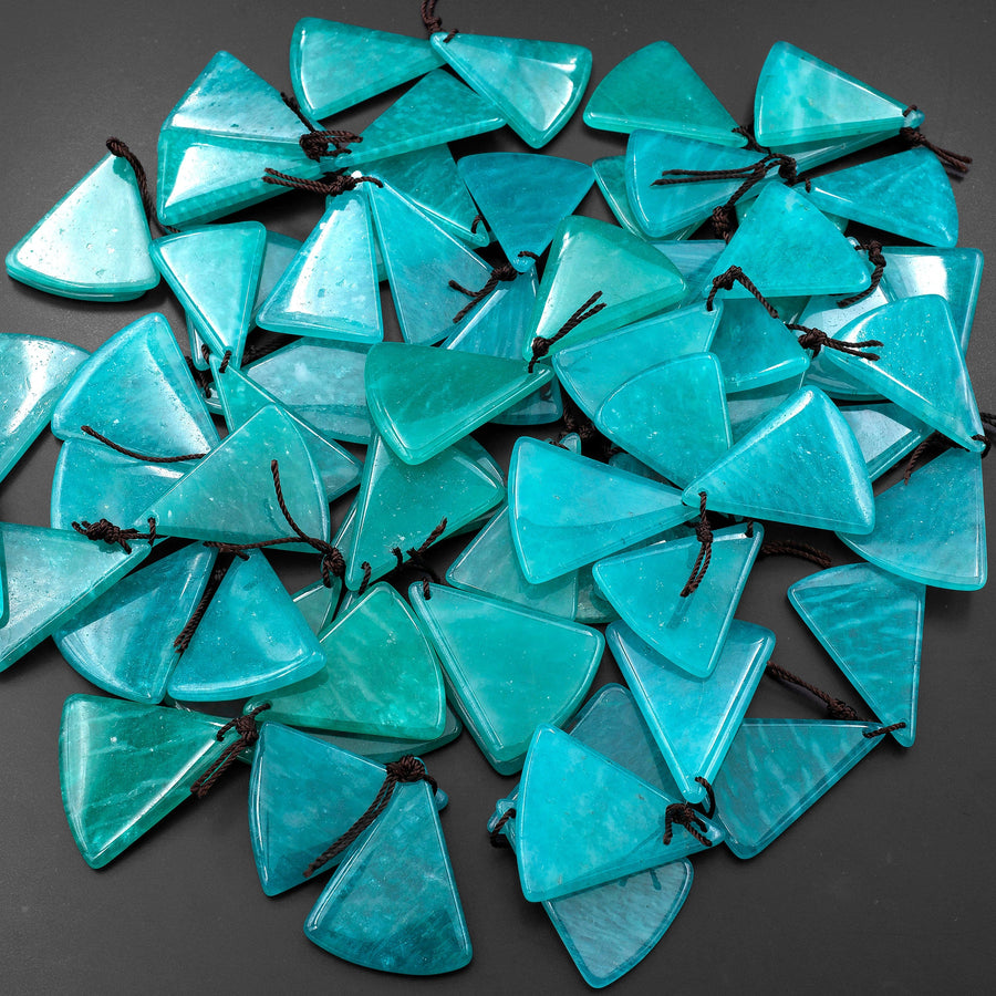 Natural Peruvian Amazonite Deep Aqua Blue Green Fan Triangle Earring Pair Drilled Gemstone Matched Beads