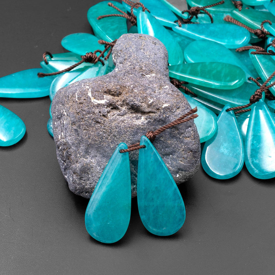 Natural Peruvian Amazonite Deep Aqua Blue Green Teardrop Earring Pair Drilled Gemstone Matched Beads