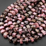 Large Faceted Natural Pink Rhodonite Beads Hexagon Rondelle Heishi Wheel Disc Earthy Black Matrix Beads 15.5" Strand