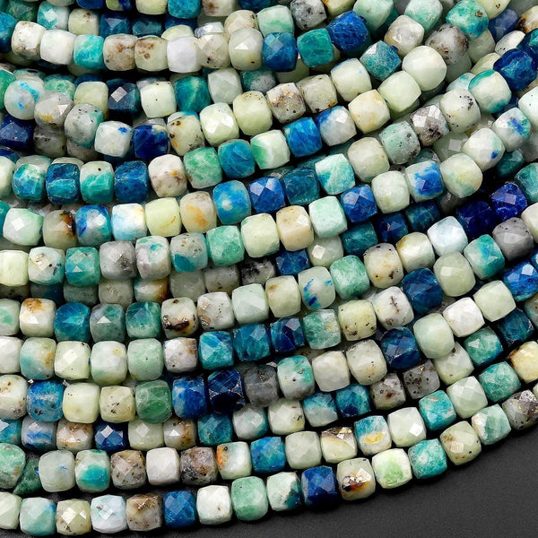 UV Reactive Faceted 4mm Natural Azurite Sodalite in Calcite Cube Beads Gemstone 15.5" Strand
