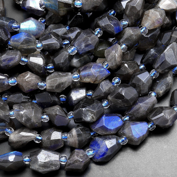 Flashy Natural Black Labradorite Faceted Nuggets Freeform Beads 15.5" Strand