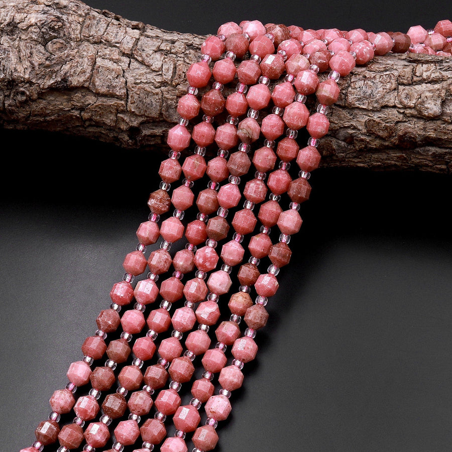 Natural Red Pink Thulite 6mm Beads Faceted Energy Prism Double Point Cut 15.5" Strand