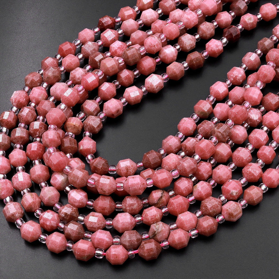 Natural Red Pink Thulite 6mm Beads Faceted Energy Prism Double Point Cut 15.5" Strand
