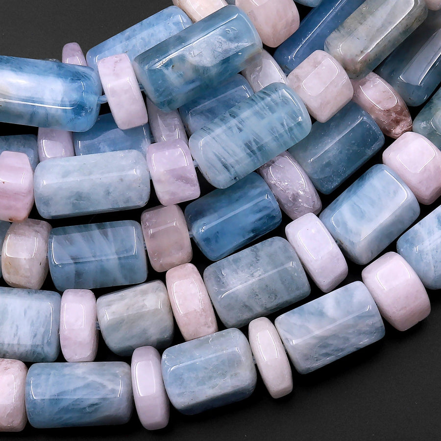Natural Blue Aquamarine Tube Pink Morganite Rondelle Beads Hexagon Tube 15.5" Strand