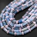 Natural Blue Aquamarine Tube Pink Morganite Rondelle Beads Hexagon Tube 15.5" Strand