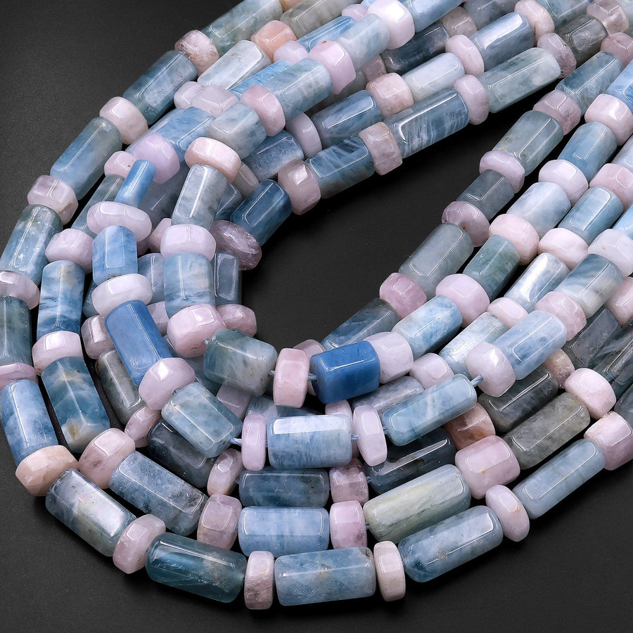 Natural Blue Aquamarine Tube Pink Morganite Rondelle Beads Hexagon Tube 15.5" Strand