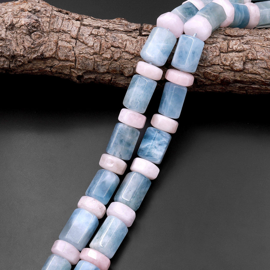 Natural Blue Aquamarine Tube Pink Morganite Rondelle Beads Hexagon Tube Patel Colors Gemstone 15.5" Strand