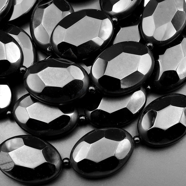 Half Matte Half Faceted Natural Black Agate Large Oval Beads 15.5" Strand