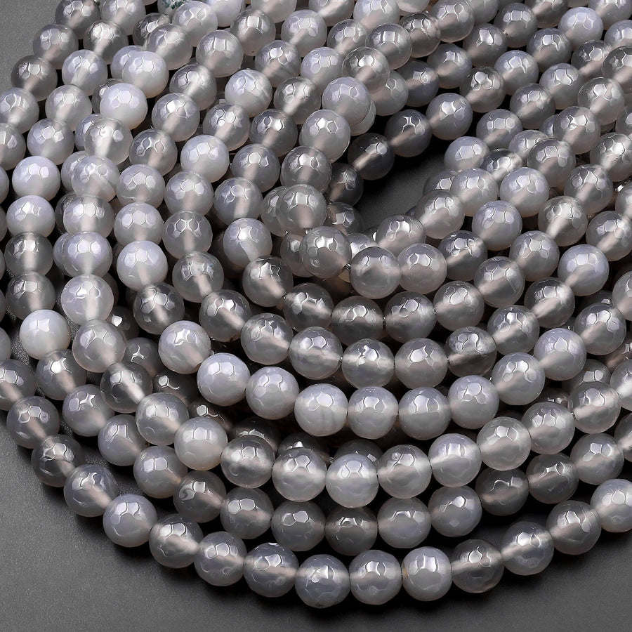 Faceted Natural Gray Agate 6mm 8mm Round Beads 15" Strand