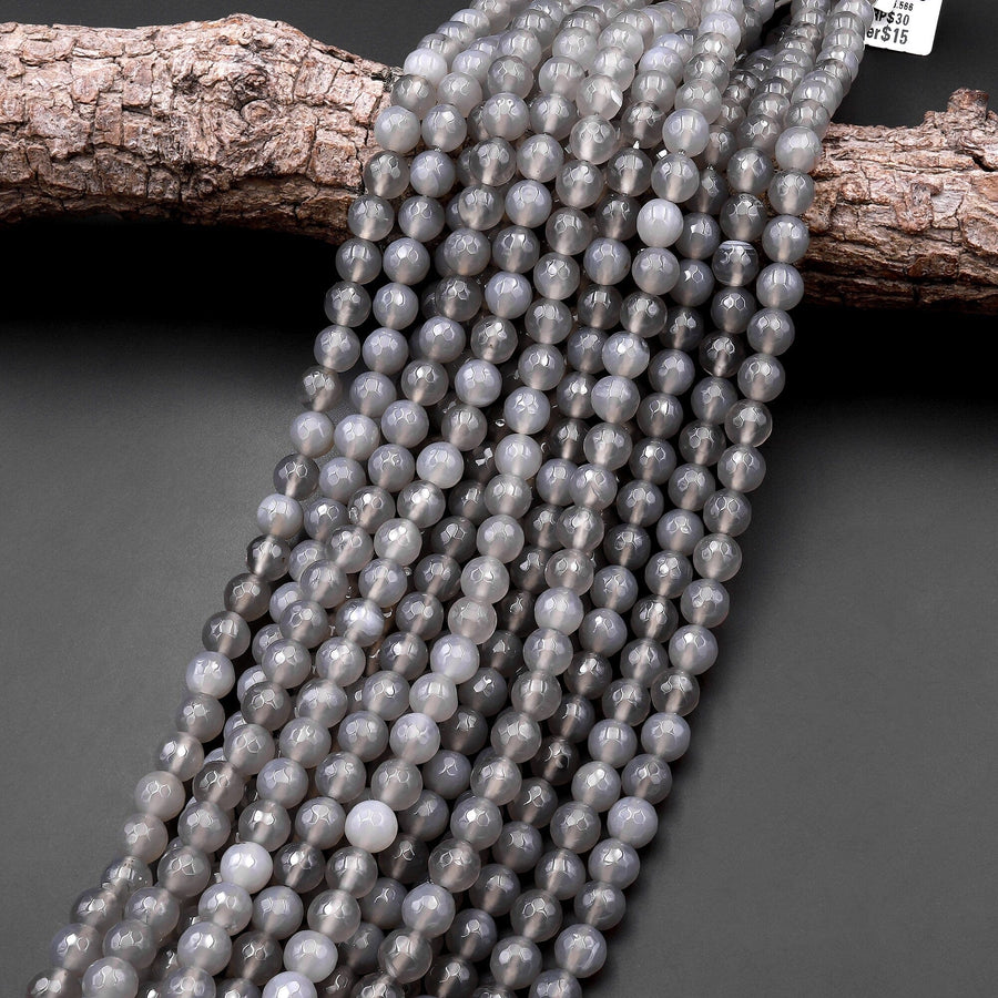 Faceted Natural Gray Agate 6mm 8mm Round Beads 15" Strand