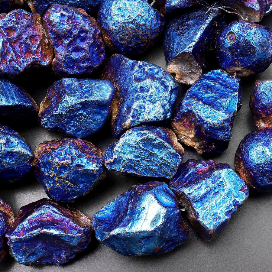 Large Titanium Agate Freeform Nugget Beads Metallic Peacock Purple Blue 15.5" Strand