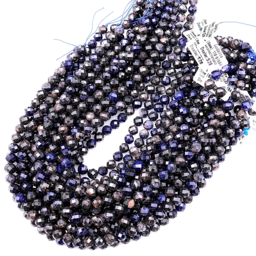 Faceted Natural Deep Dark Blue Sodalite 8mm Round Beads 15.5" Strand