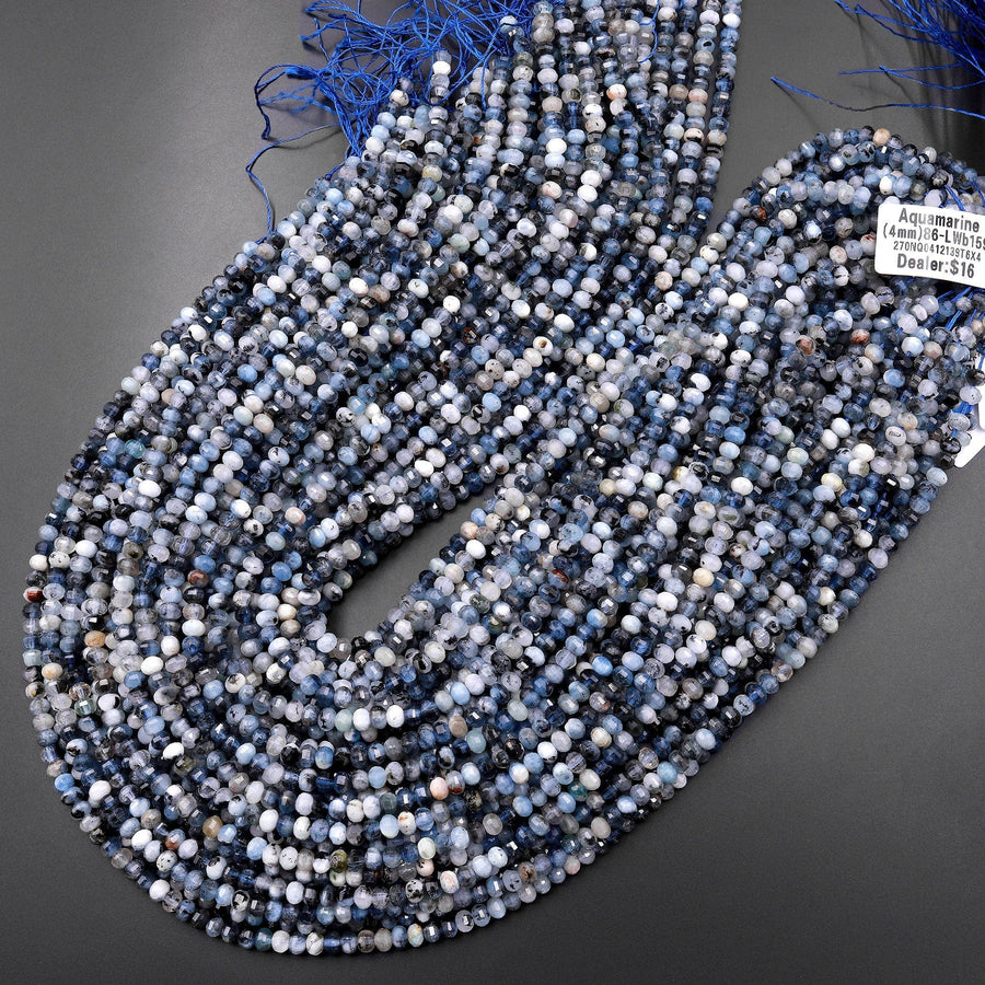 Faceted Natural Stormy Blue Aquamarine Lantern Rondelle Beads 4mm 15.5" Strand