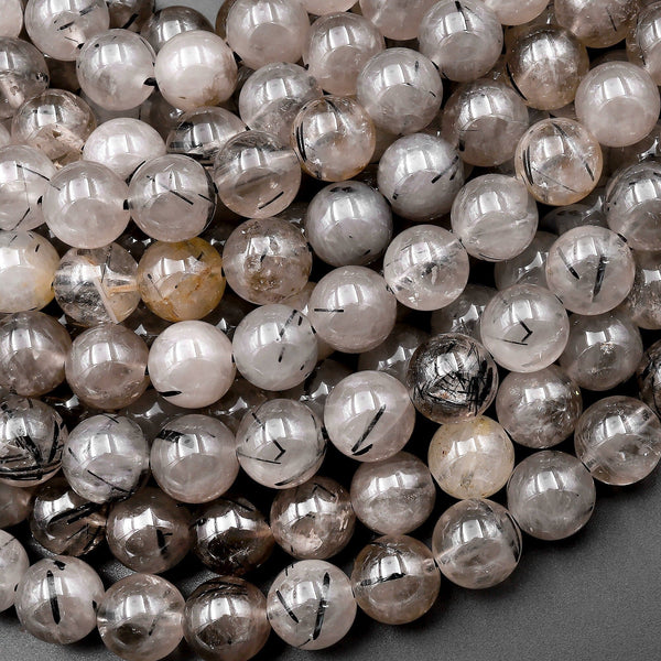 Rare Natural Black Tourmaline Rutile in Smoky Quartz Round Beads 6mm 8mm 10mm 15.5" Strand