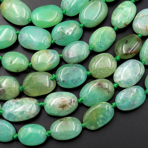 Natural Australian Green Chrysoprase Smooth Oval Nugget Beads Gemstone 15.5" Strand