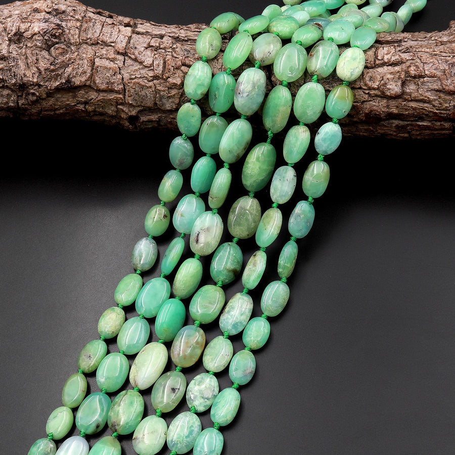 Natural Australian Green Chrysoprase Smooth Oval Nugget Beads Gemstone 15.5" Strand