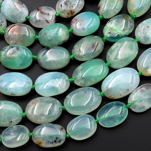 Natural Australian Aqua Green Chrysoprase Smooth Oval Nugget Beads Translucent Gemstone 15.5" Strand